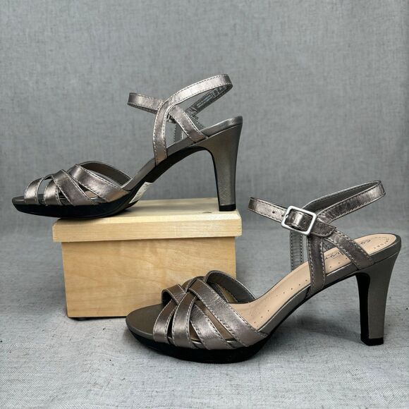 Clarks Collection Adriel Wavy Pewter Silver Leather Heels Sling Back Strappy 7 - Picture 2 of 11